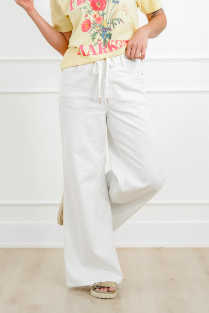 Judy Blue The Sunday Stroll High Rise Multiple Inseam White Featherweight Palazzo Jeans with Elastic Waistband - Freckled Poppy