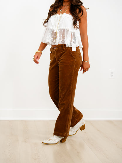 Risen Mid Rise Brown Tummy Control Straight Leg Corduroy Pants - Freckled Poppy