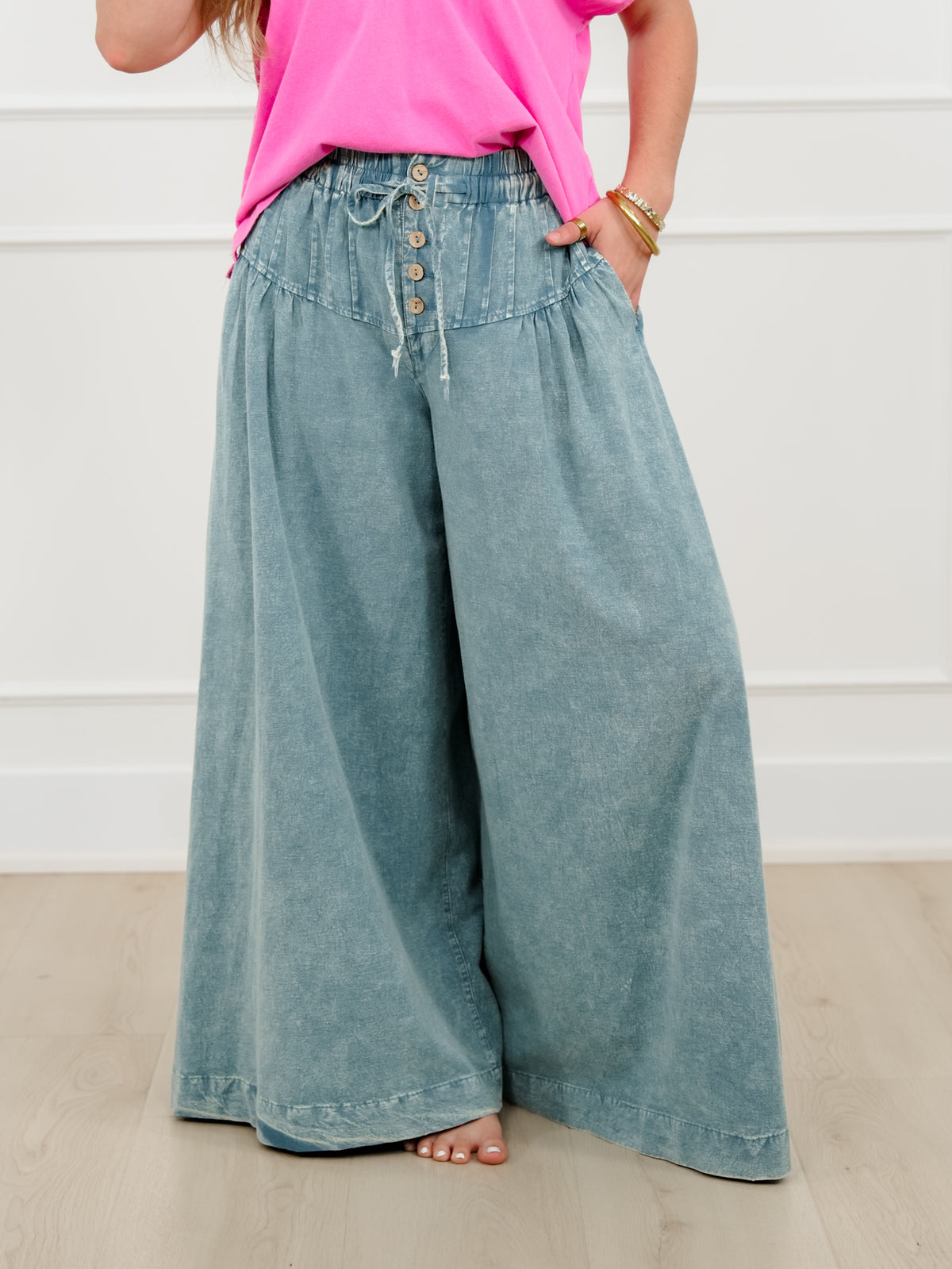 Mineral Wash Elastic Waist Wide Leg Pants - Freckled Poppy