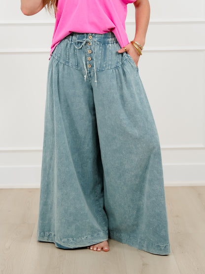 Mineral Wash Elastic Waist Wide Leg Pants - Freckled Poppy