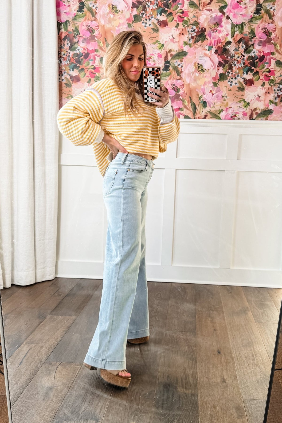 Judy Blue High Rise Light Wash Distressed Criss Cross Waistband Retro Wide Leg Jeans - Freckled Poppy