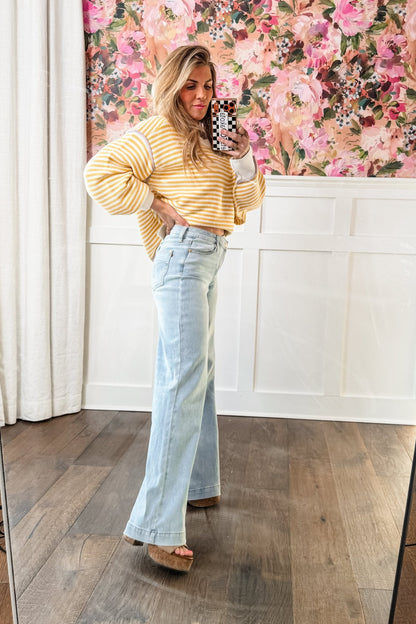 Judy Blue High Rise Light Wash Distressed Criss Cross Waistband Retro Wide Leg Jeans - Freckled Poppy