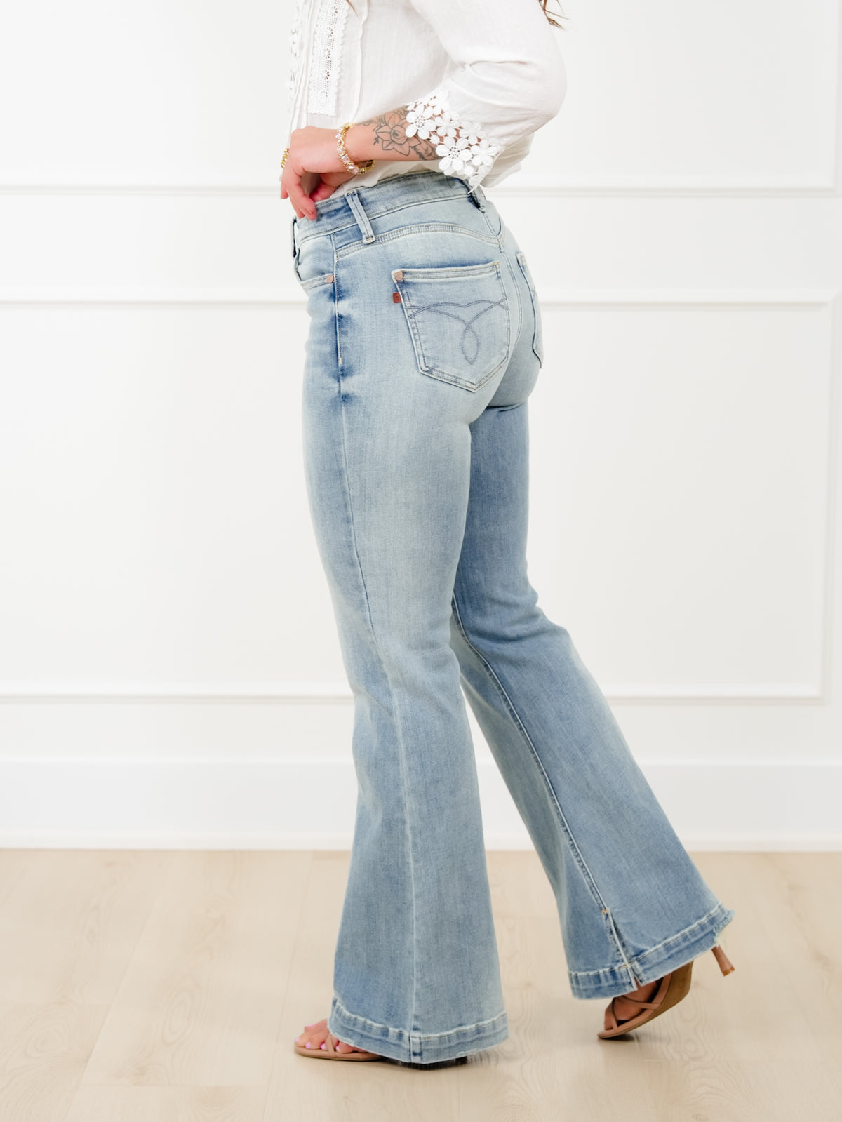 Judy Blue Mid Rise Medium Wash Multiple Inseam Flare Jeans with Slit - Freckled Poppy