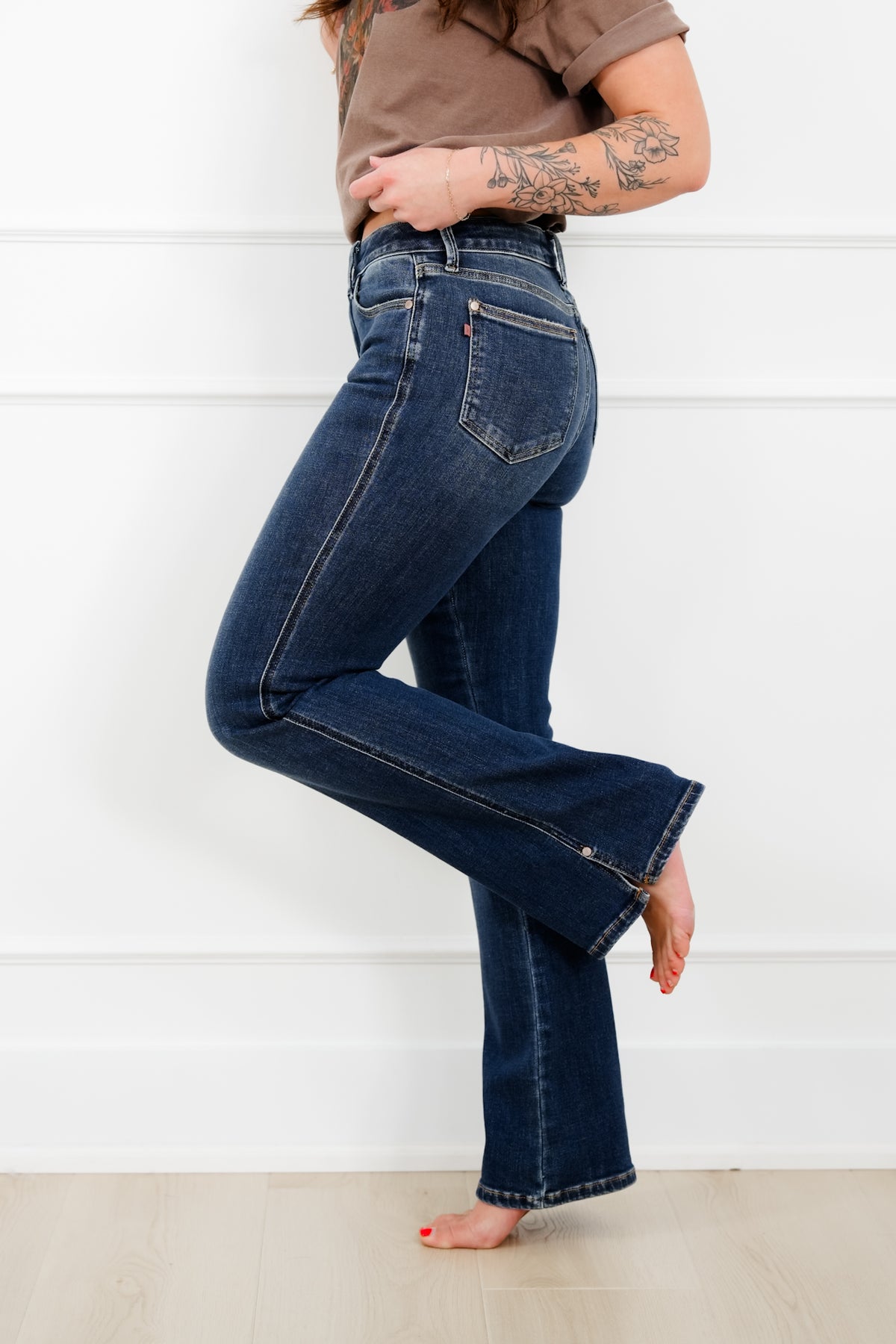 Judy Blue Mid Rise Dark Wash Bootcut Jeans with Slit and Cell Phone Pocket - Freckled Poppy