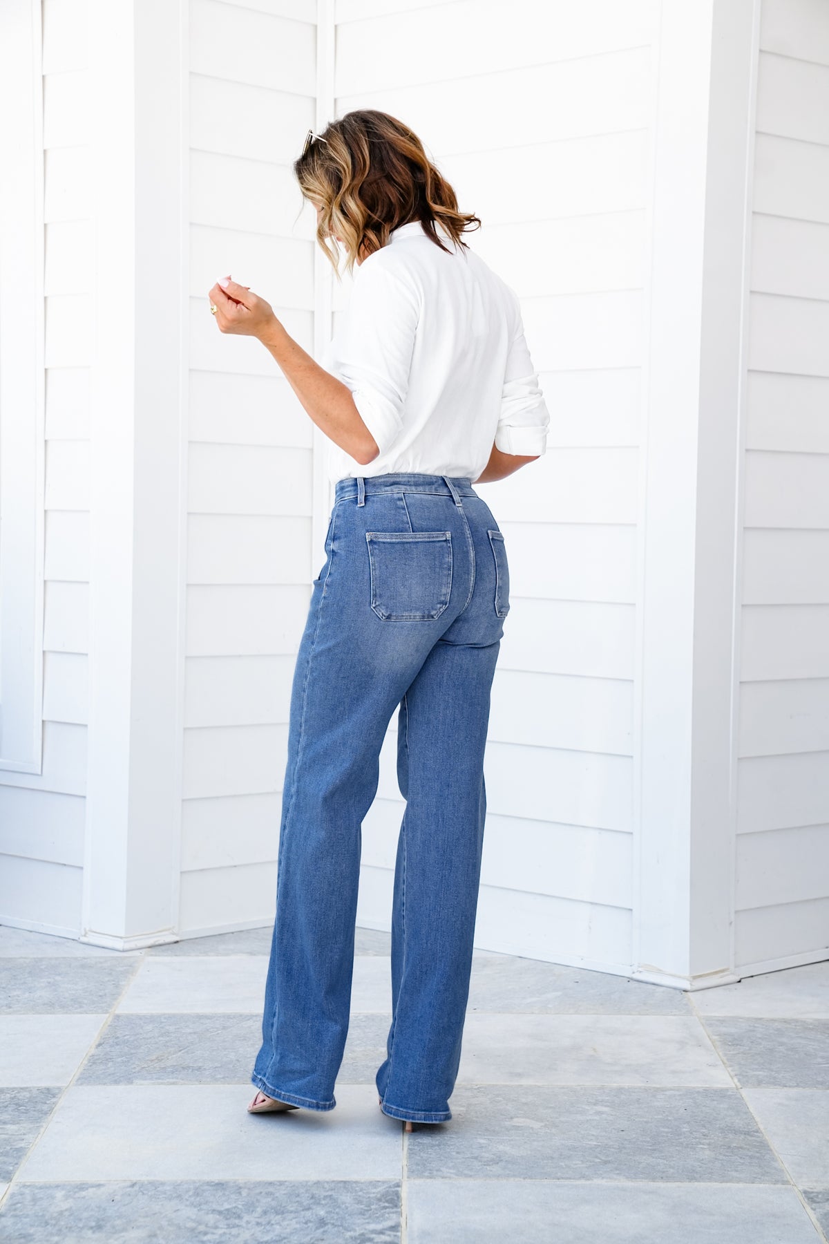 Risen High Rise Medium Wash Wide Leg Cuffed Front Patch Pocket Jeans with Elastic Waistband - Freckled Poppy