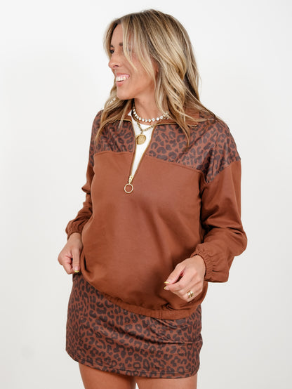 Plus/Reg Leopard Print Long Sleeve 1/4 Zip Pullover Top - Freckled Poppy