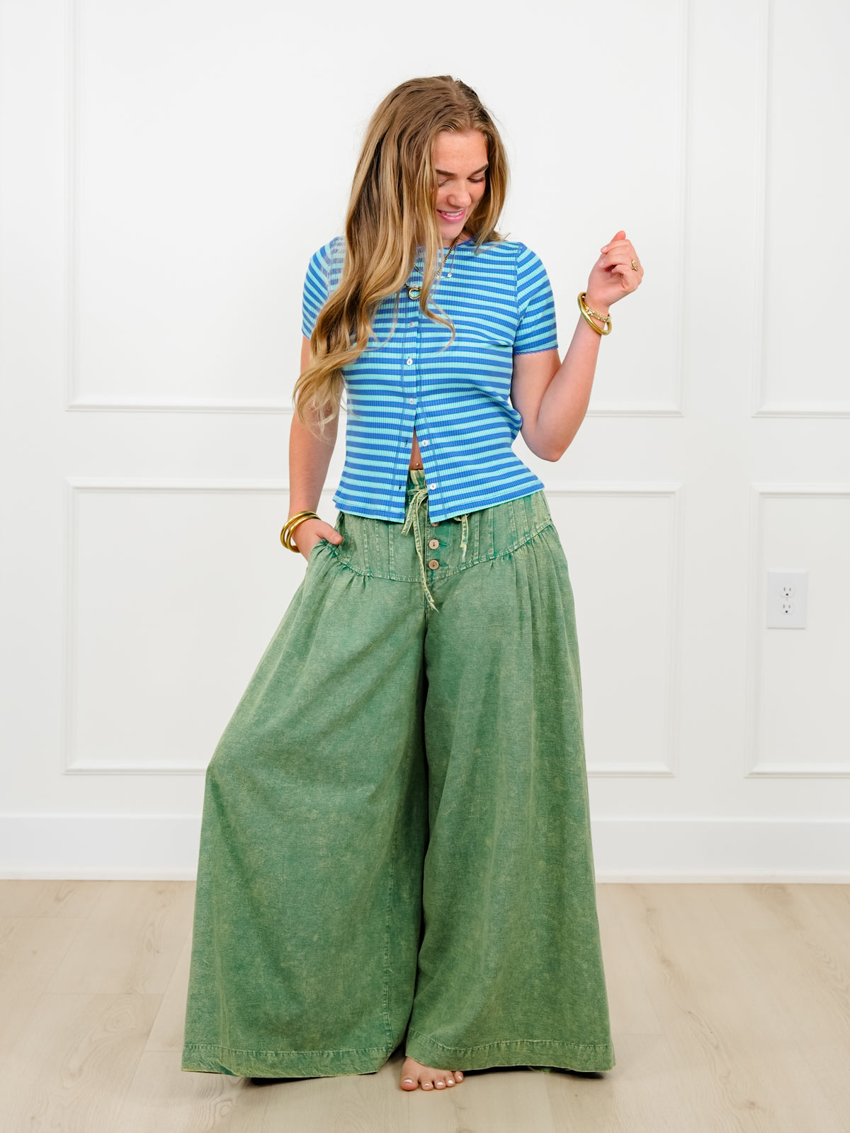 Mineral Wash Elastic Waist Wide Leg Pants - Freckled Poppy