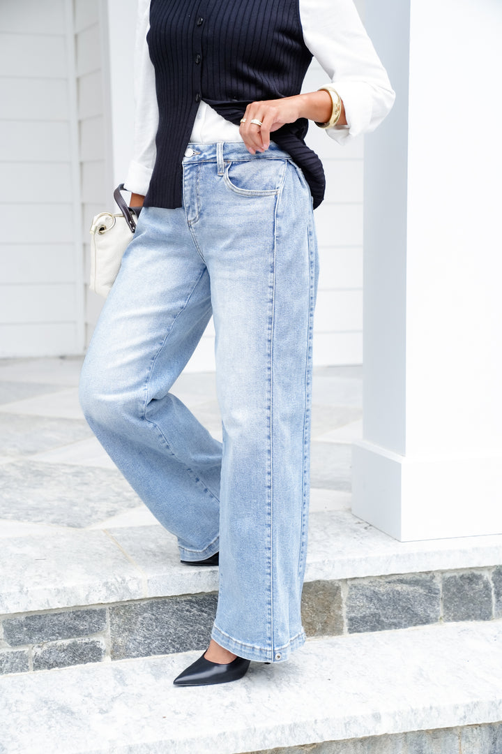 Risen Mid Rise Medium Wash Wide Leg Jeans with Leg Snap For Barrel Fit - Freckled Poppy