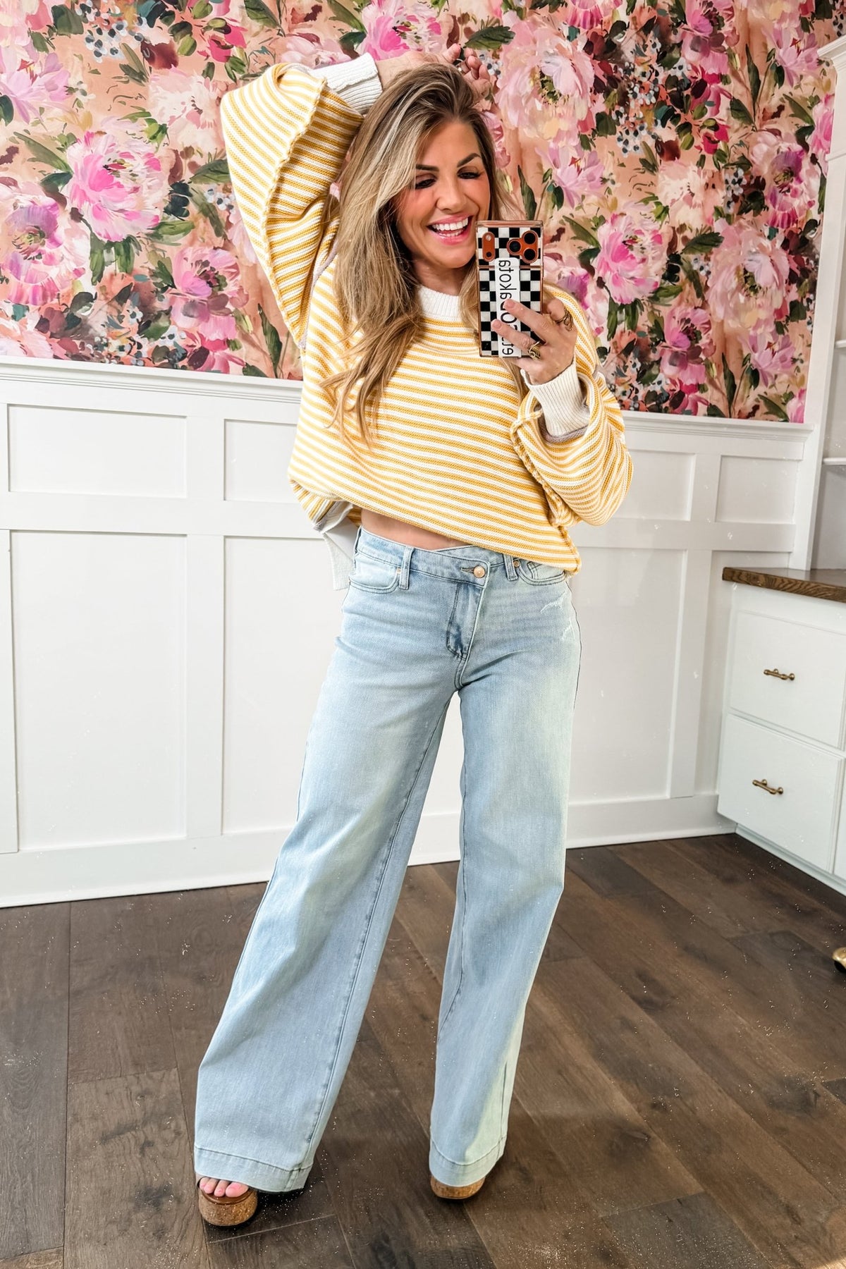 Judy Blue High Rise Light Wash Distressed Criss Cross Waistband Retro Wide Leg Jeans - Freckled Poppy