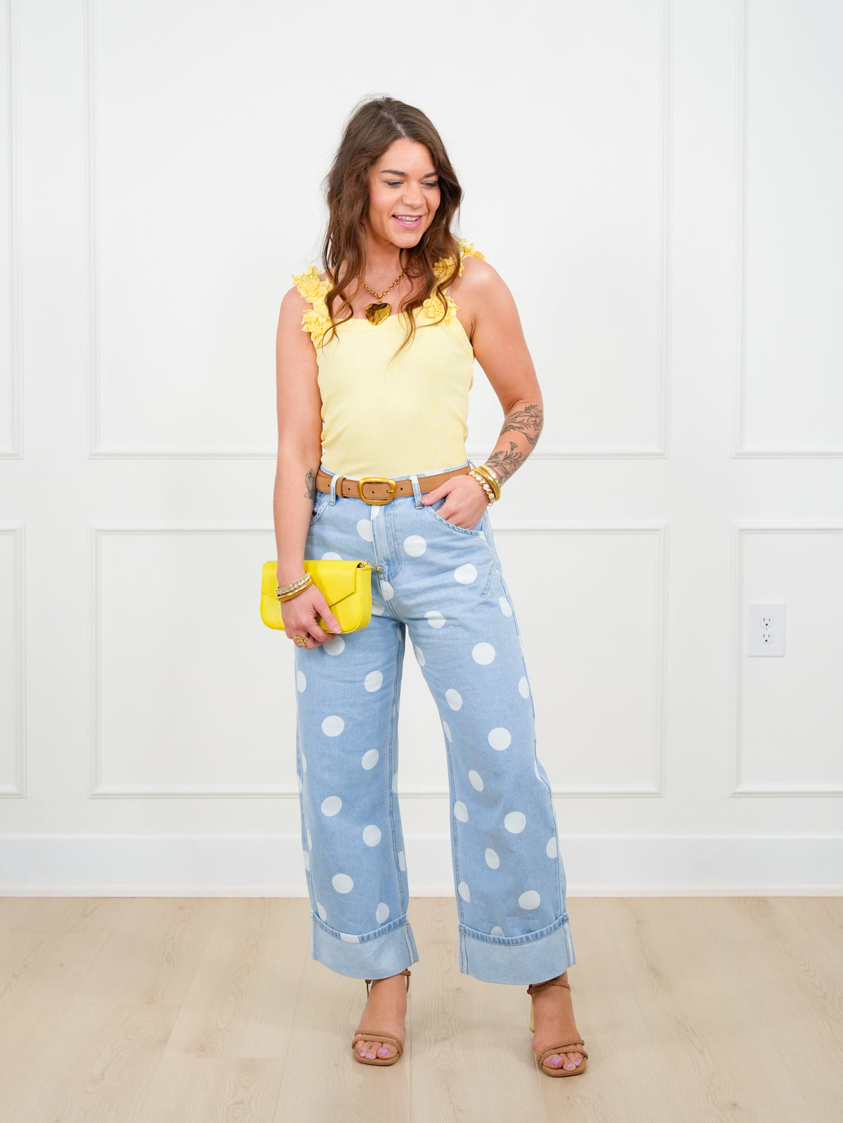Yellow Ribbed Knit Sleeveless Flower Strap Tank Top - Freckled Poppy