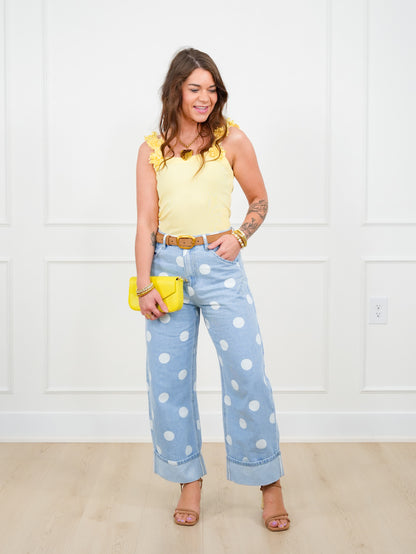 Yellow Ribbed Knit Sleeveless Flower Strap Tank Top - Freckled Poppy