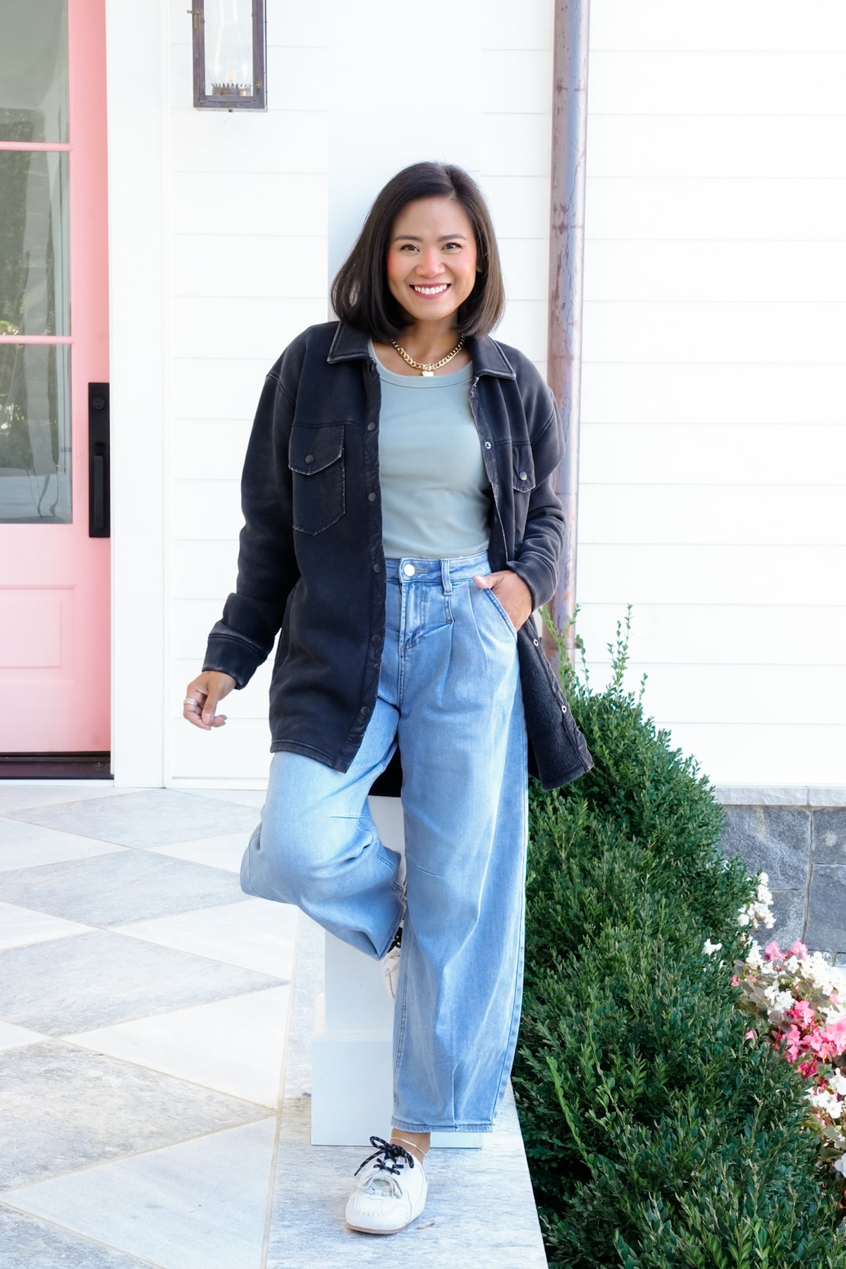 Long Sleeve Snap Button Shacket with Pockets - Freckled Poppy