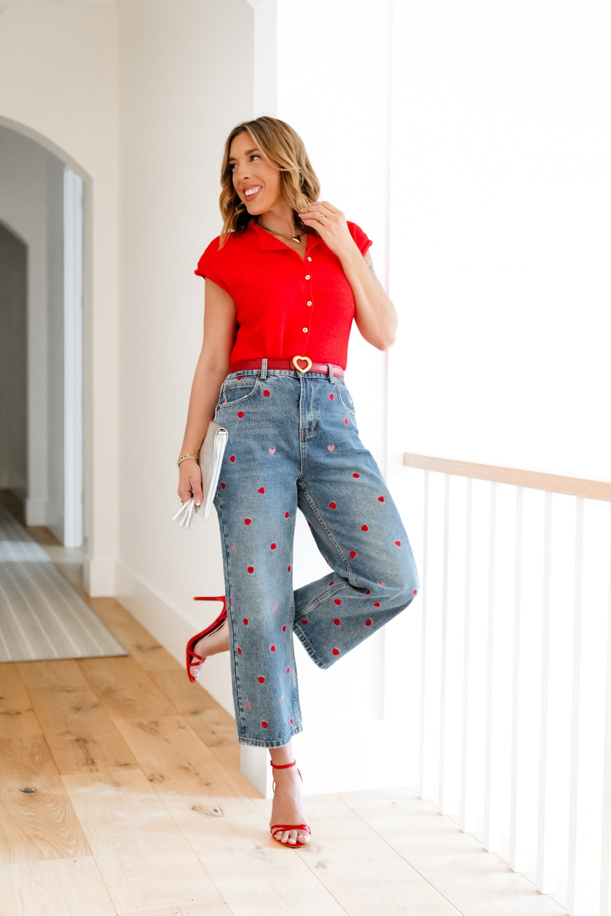 Medium Washed High Rise Embroidered Hearts Jeans - Freckled Poppy