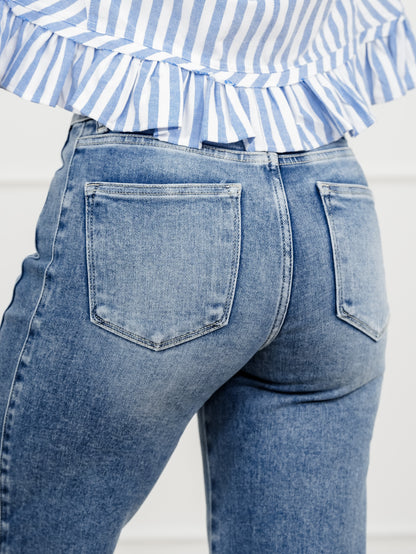 Risen High Rise Medium Wash Wide Leg Jeans with Contrast Side Panel - Freckled Poppy