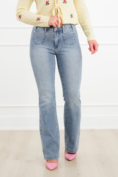 Judy Blue Sunday Stroll Mid Rise Medium Wash Bootcut Jeans with Front Patch Pockets - Freckled Poppy