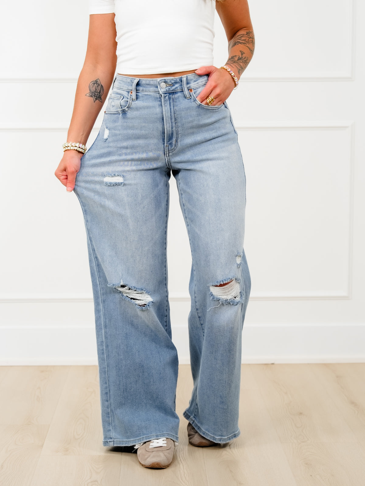 Cello High Rise Light Wash Distressed Wide Leg Jeans - Freckled Poppy