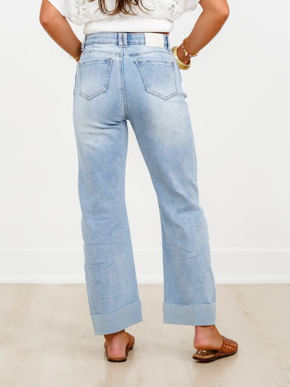 Saige High Rise Medium Wash Tummy Control Straight Leg Cuffed Jeans - Freckled Poppy