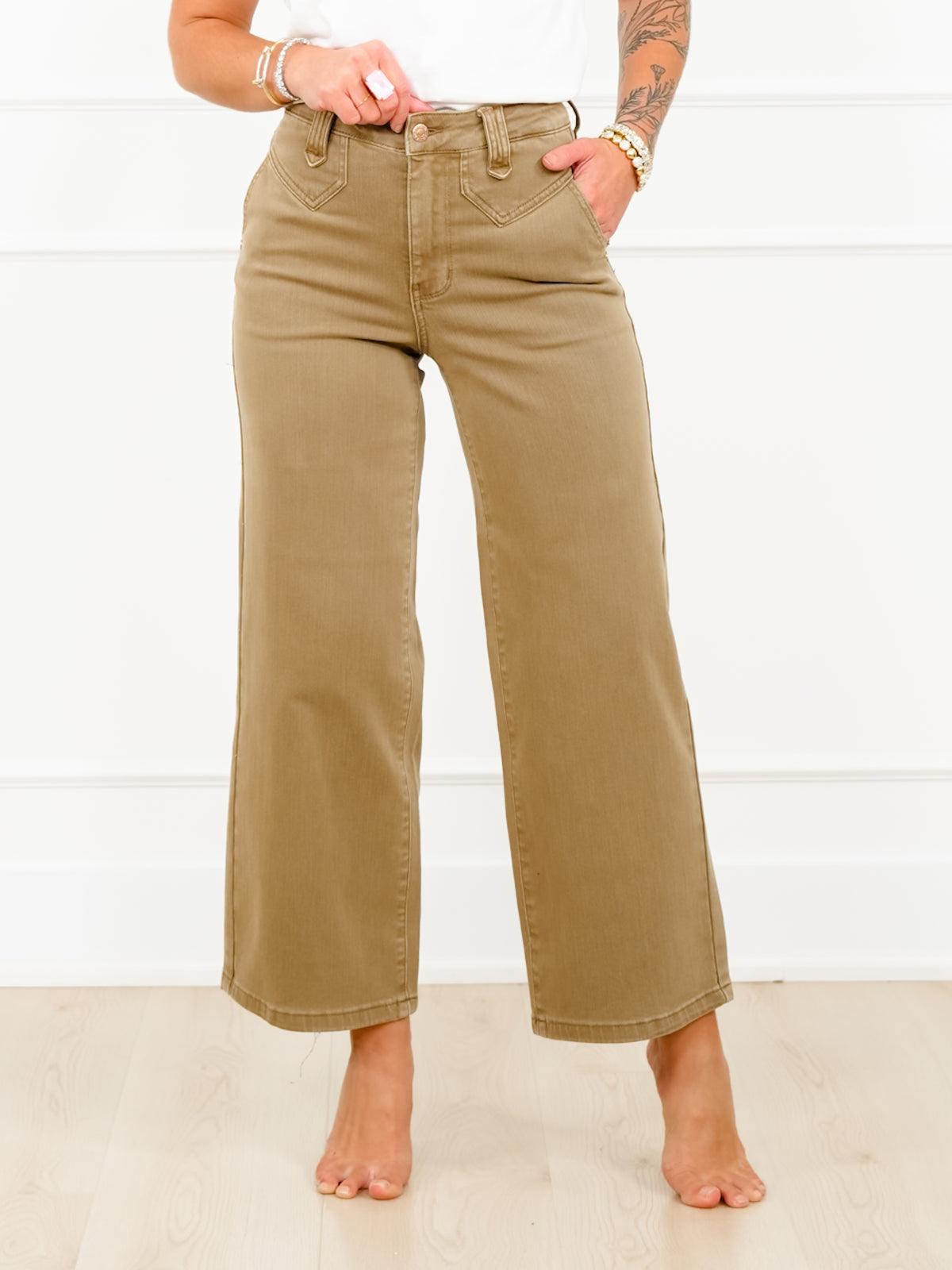 Judy Blue High Rise Yoke Front Brown Wide Leg Ankle Jeans - Freckled Poppy