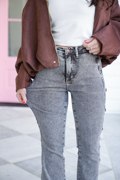 Judy Blue High Rise Grey Tummy Control Bootcut Jeans with Western Side Seam - Freckled Poppy