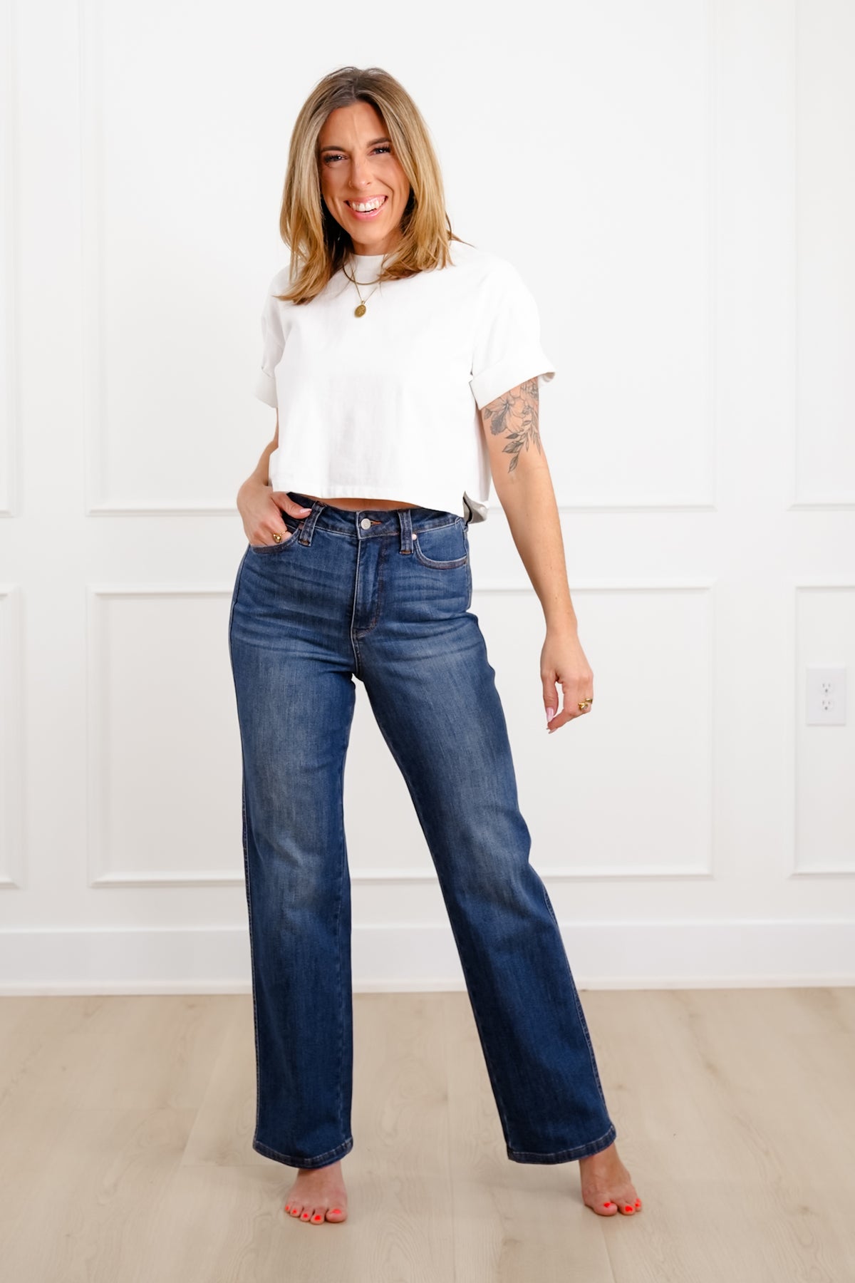 Judy Blue High Rise Medium Wash Tummy Control Straight Leg Jeans - Freckled Poppy