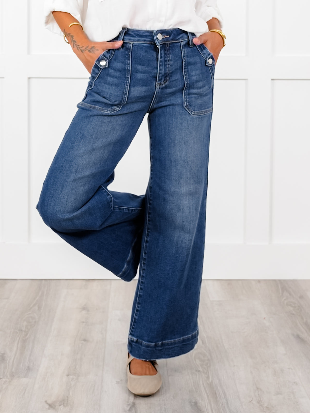 Risen High Rise Dark Wash Ankle Wide Leg Patch Front Pocket Jeans - Freckled Poppy