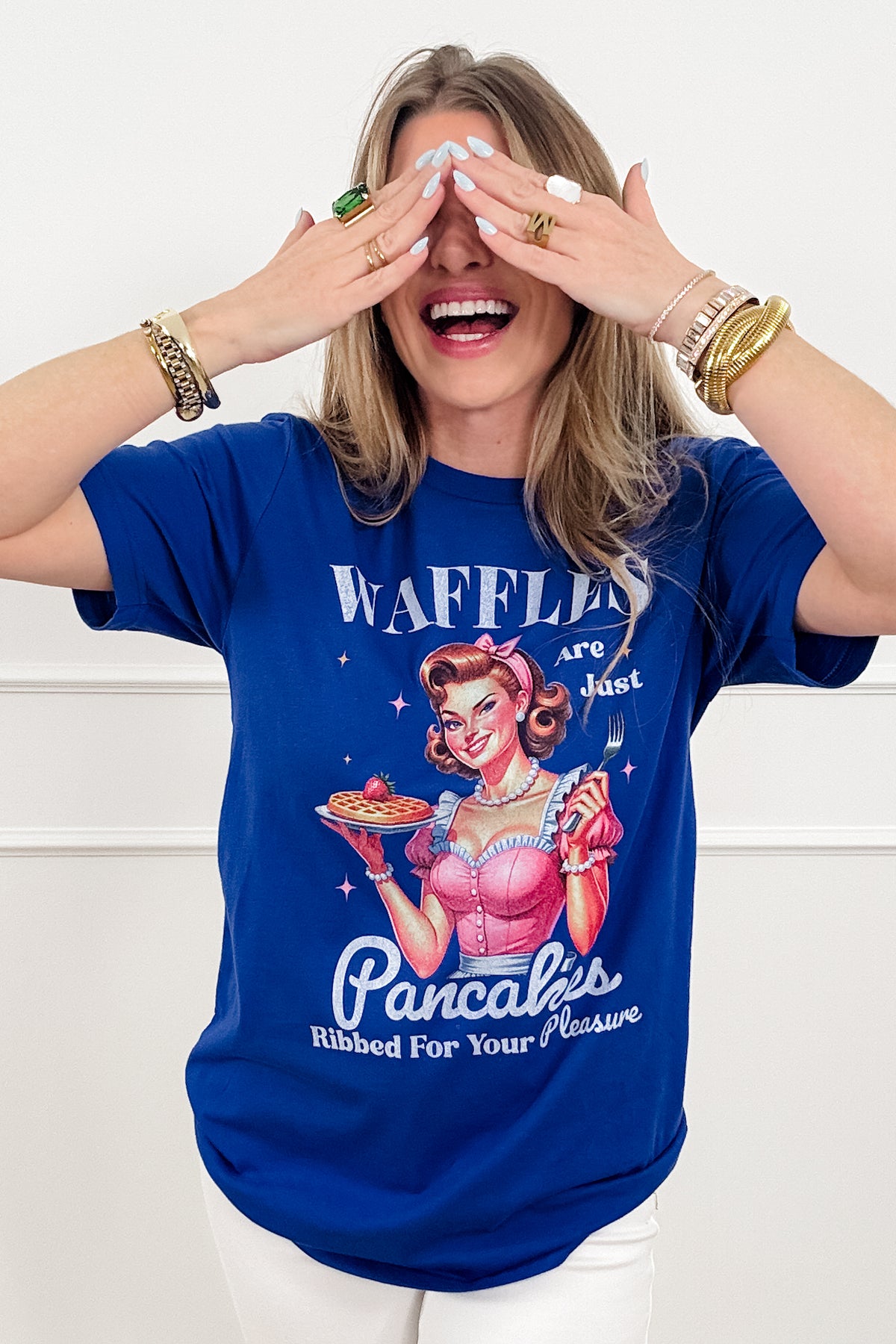 Plus/Reg Short Sleeve "Waffles Are Just Pancakes... " Graphic Tee - Freckled Poppy