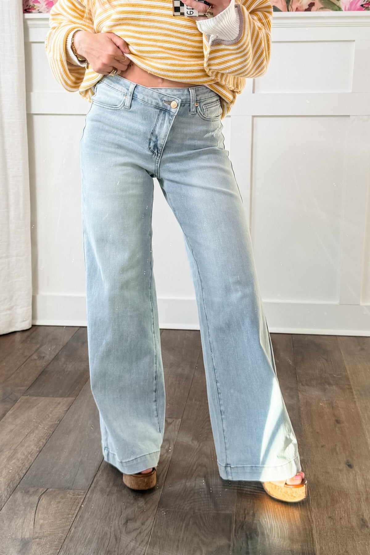 Judy Blue High Rise Light Wash Distressed Criss Cross Waistband Retro Wide Leg Jeans - Freckled Poppy
