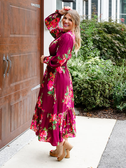 Plus/Reg Floral Print Long Sleeve Elastic Waist Midi Dress