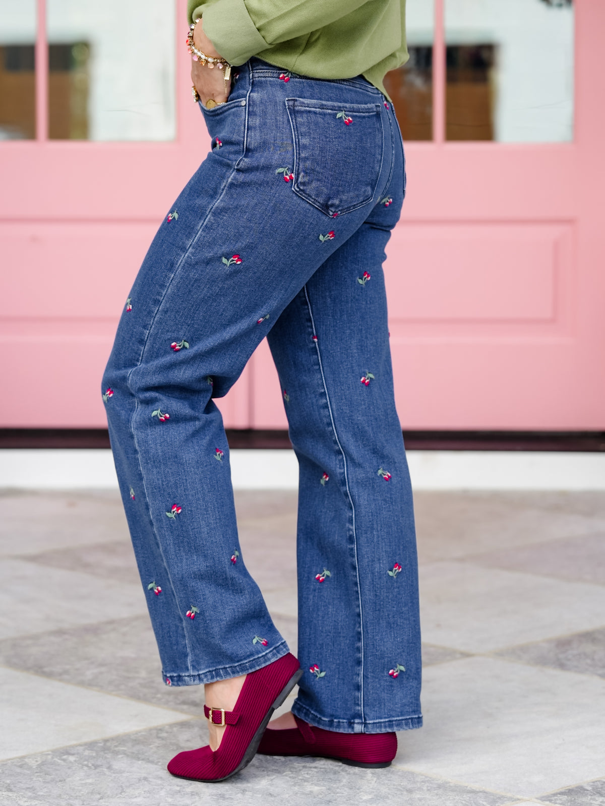 Risen High Rise Dark Wash Tummy Control Straight Leg Jeans With Embroidered Cherries - Freckled Poppy