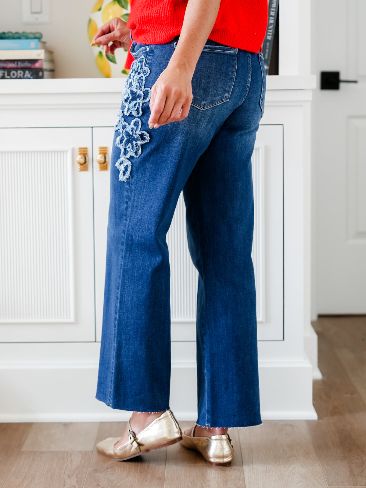 Risen Mid Rise Dark Wash Straight Leg Jeans with Flower Patch - Freckled Poppy
