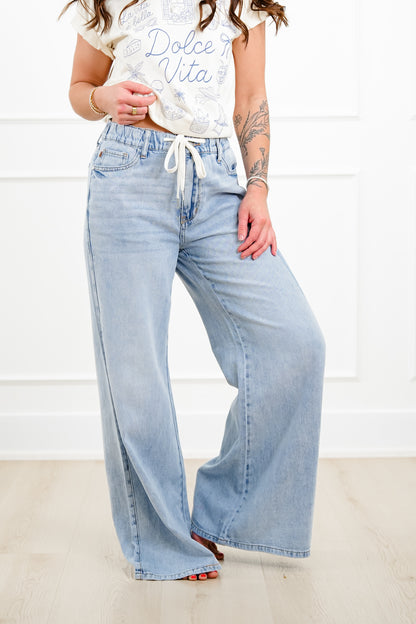 Judy Blue High Rise Light Wash Elastic Waistband Featherweight Palazzo Jeans with Shadow Pockets - Freckled Poppy