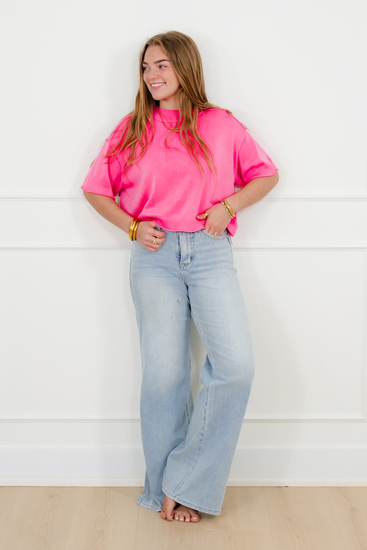Short Sleeve Sweater with Reverse Seams - Freckled Poppy