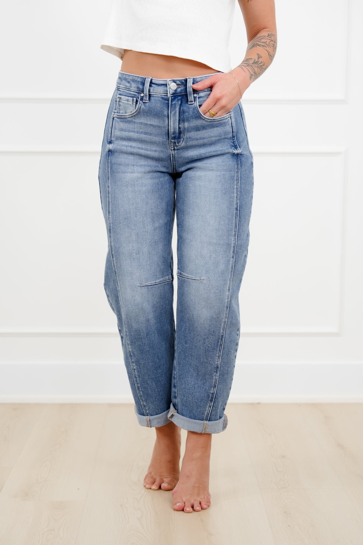 Restock! Risen The Hollis Rise Medium Wash Boyfriend Cuffed Barrel Jeans - Freckled Poppy