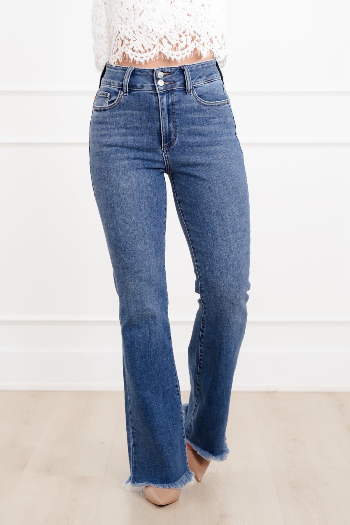 Judy Blue The Delilah High Rise Medium Wash Double Button Frayed Hem Bootcut Jeans - Freckled Poppy