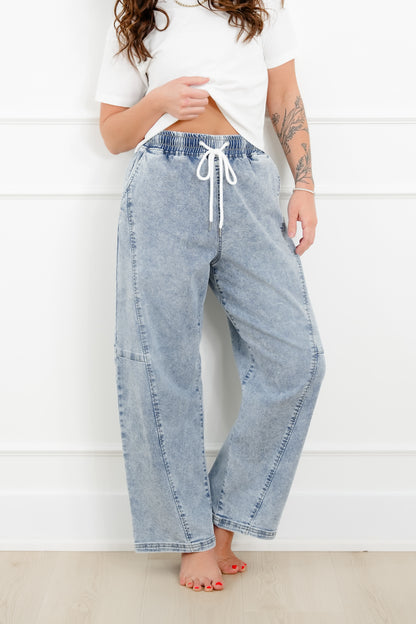 Risen Mid Rise Light Wash Elastic Waistband Barrel Jeans with Front Seam - Freckled Poppy