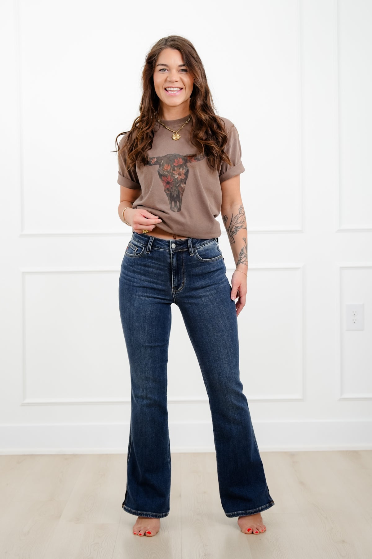 Judy Blue Mid Rise Dark Wash Bootcut Jeans with Slit and Cell Phone Pocket - Freckled Poppy