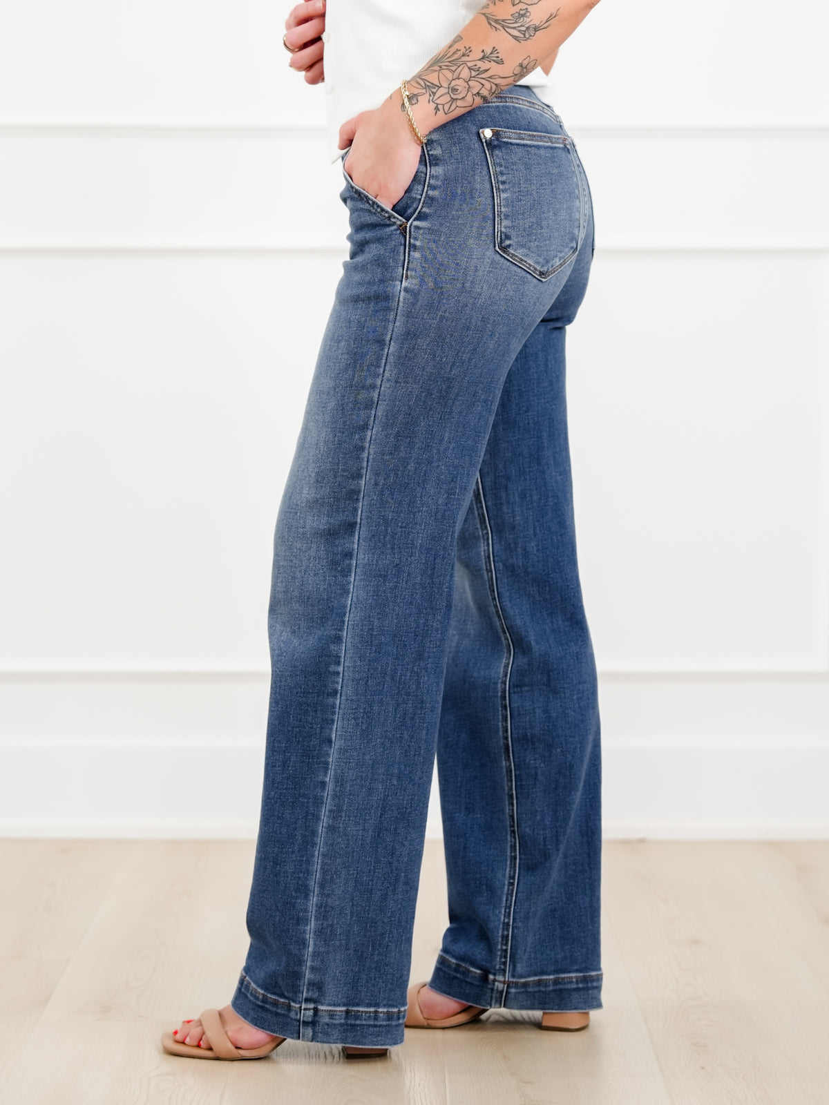 Restock! Judy Blue Anytime Anyplace Medium Wash High Waisted Double Button Wide Leg Jeans - Freckled Poppy