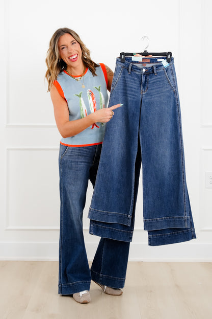 Judy Blue The Rory Petite/Reg Mid Rise Dark Wash Retro Wide Leg Trouser Jeans - Freckled Poppy