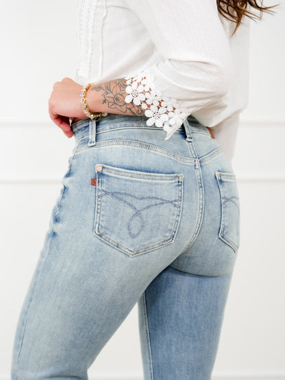 Judy Blue Mid Rise Medium Wash Multiple Inseam Flare Jeans with Slit - Freckled Poppy