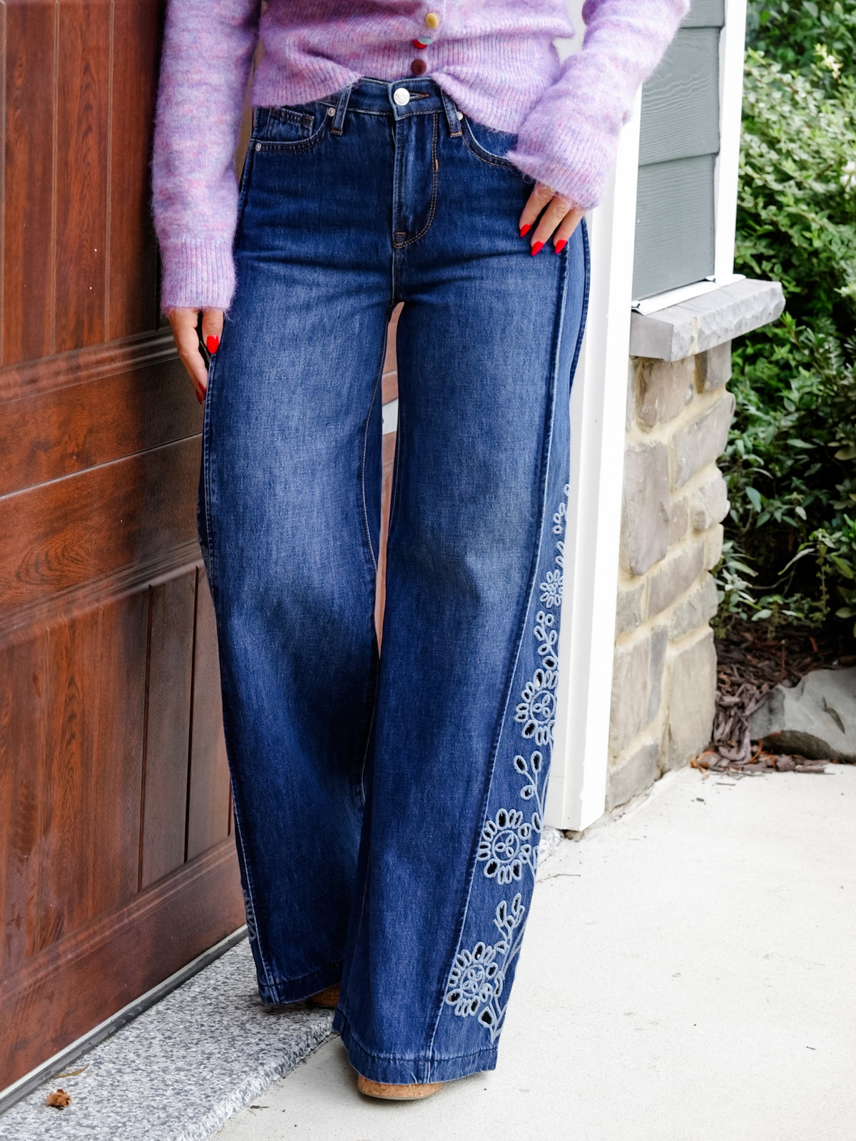 Saige High Rise Medium Wash Tummy Control Wide Leg Jeans With Eyelet Embroidery