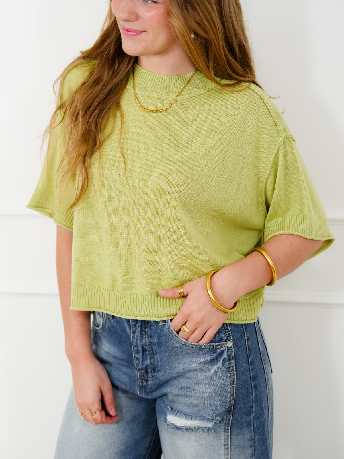 Knit Short Sleeve Mock Neck Sweater - Freckled Poppy