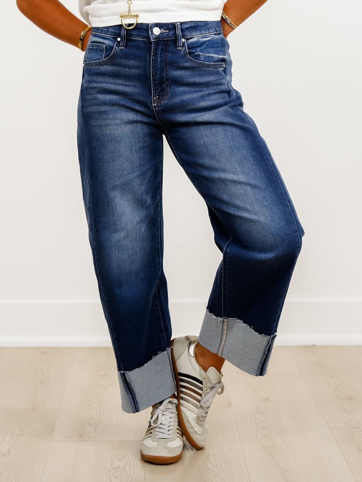 Risen High Rise Dark Wash Slouchy Cropped Cuffed Barrel Jeans - Freckled Poppy