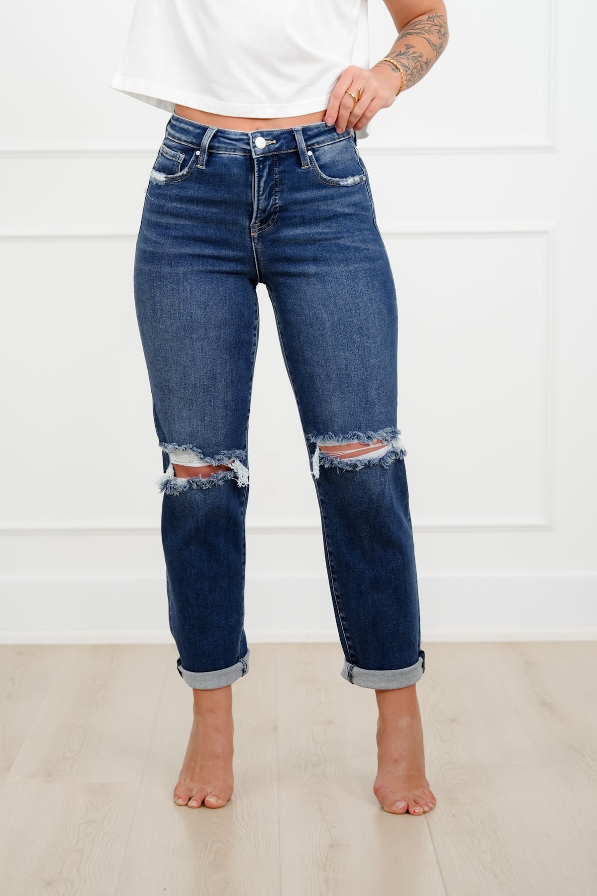 Risen High Rise Dark Wash Tummy Control Distressed Girlfriend Jeans - Freckled Poppy