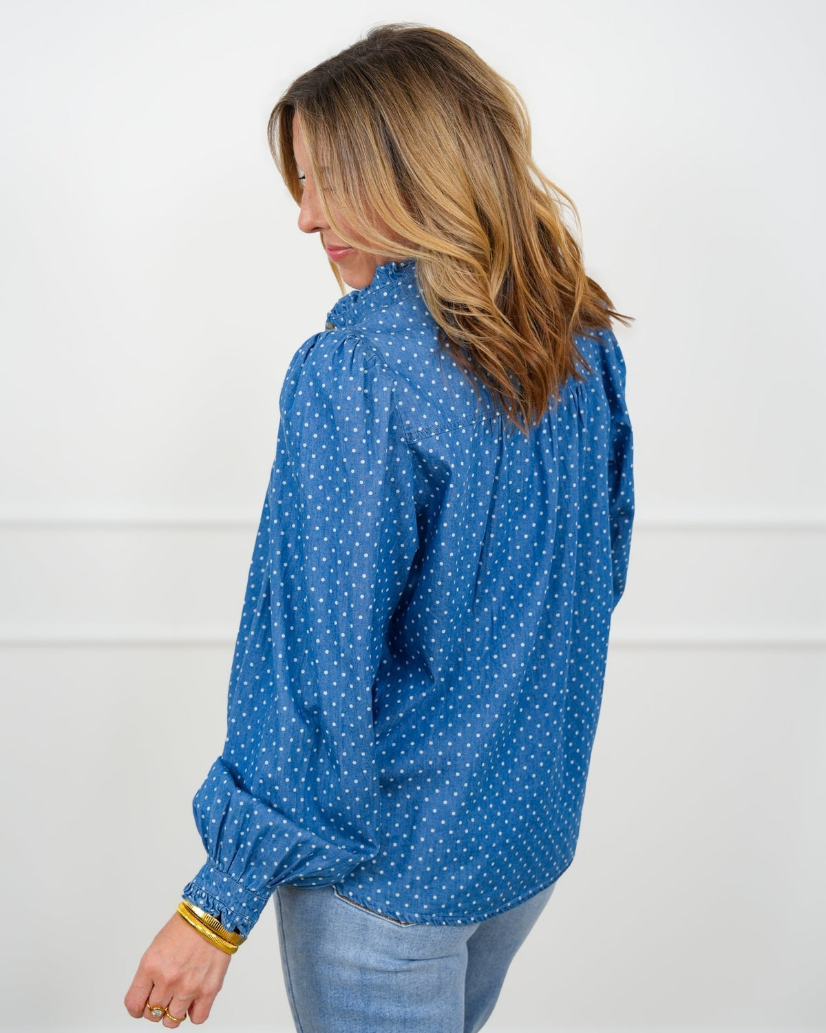 Polka Dot Dark Wash Long Sleeve Top - Freckled Poppy