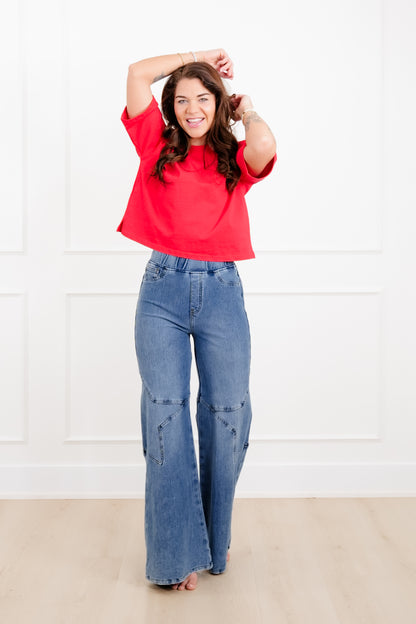 Plus/Reg Saige High Rise Medium Wash Pull On Star Wide Leg Knit Jeans - Freckled Poppy
