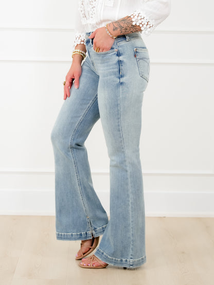 Judy Blue Mid Rise Medium Wash Multiple Inseam Flare Jeans with Slit - Freckled Poppy