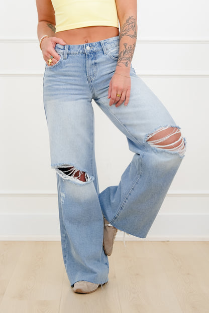 Cello Low Rise Light Wash Distressed Wide Leg Jeans - Freckled Poppy