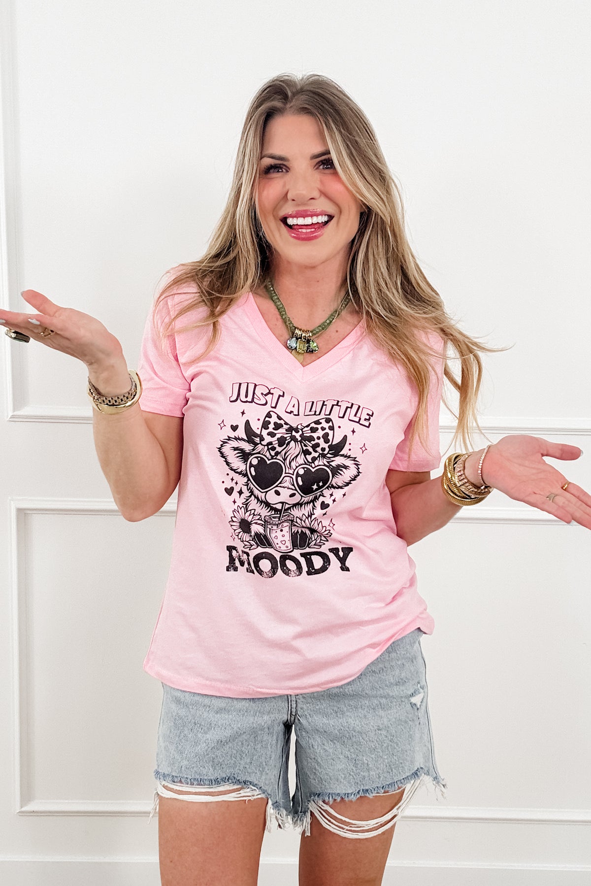 Plus/Reg Short Sleeve V Neck "Just A Little Moody" Graphic Tee - Freckled Poppy