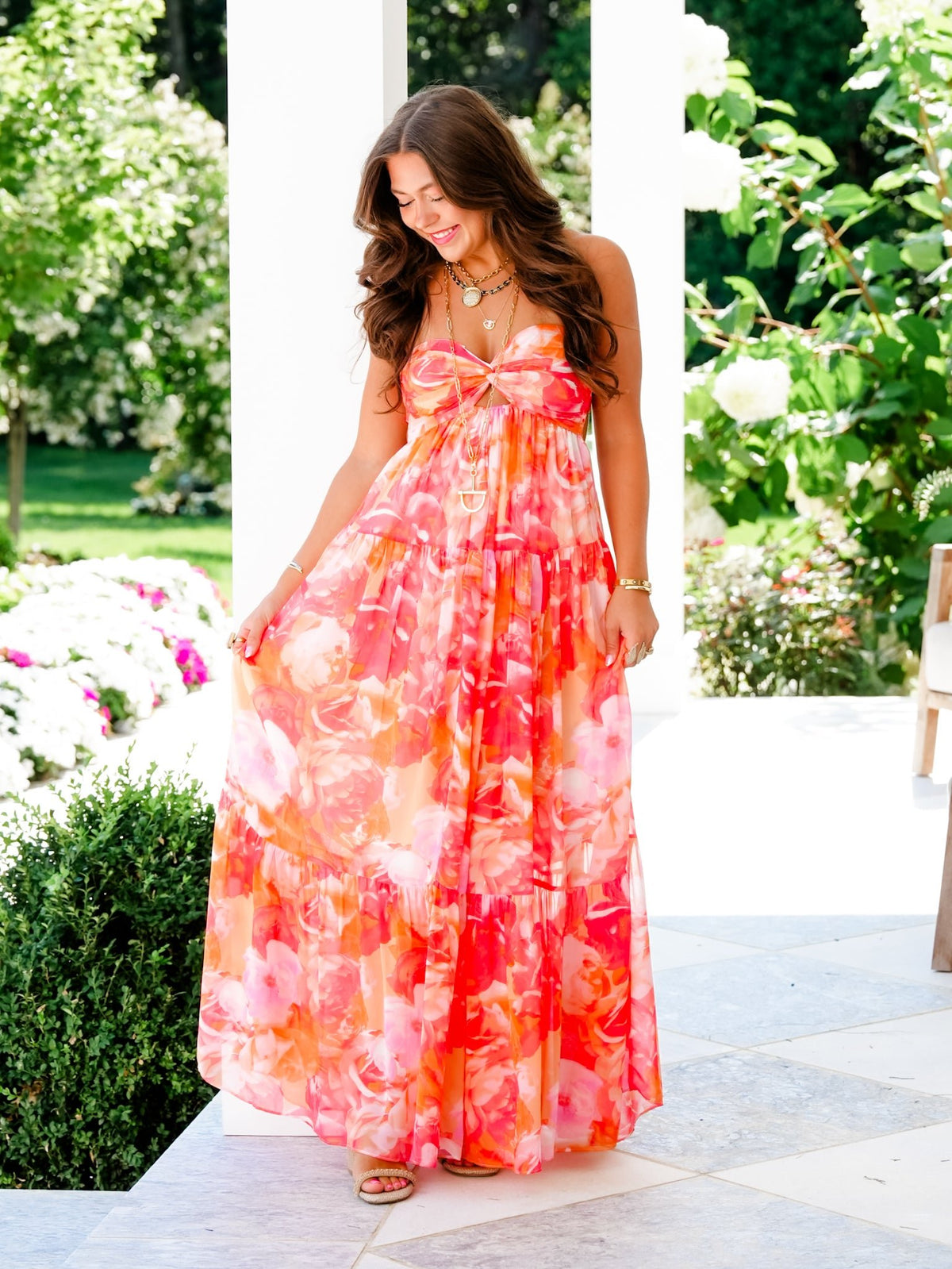 Floral Strapless Twisted Ruched Bust Maxi Dress - Freckled Poppy