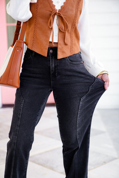 Judy Blue Mid Rise Black Straight Leg Jeans with Western Style Seam - Freckled Poppy